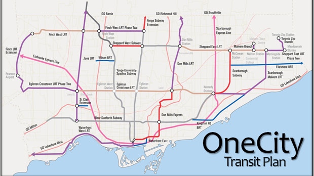 A map of Toronto's future TTC service, according to the OneCity Transit Plan introduced by TTC Chair Karen Stintz on Wed. June 27, 2012.