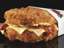 This undated product image provided by KFC shows their new Double Down sandwich. (KFC / Dan Kremer)