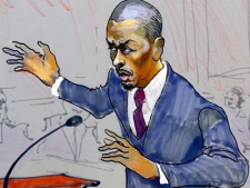 Rapper T.I., whose real name is Clifford Harris Jr., is shown in this artist rendering as he speaks in federal court in Atlanta, Friday, Oct. 15, 2010. (AP / Richard Miller)