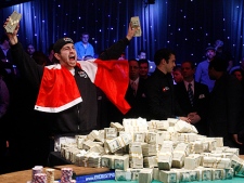 Jonathan Duhamel celebrates winning the World Series of Poker, Monday, Nov. 8, 2010 in Las Vegas. (AP Photo/Isaac Brekken)