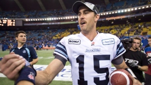 Toronto Argonauts quarterback Ricky Ray celebrates his victory over the Montreal Alouettes in the CFL Eastern Final on Sunday, Nov. 18, 2012 in Montreal. (The Canadian Press/Paul Chiasson)