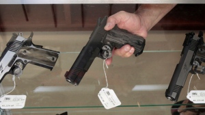 Gun store handguns on display