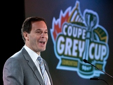 CFL commissioner Mark Cohon delivers the state of the league address, Friday November 26, 2010 in Edmonton. The Saskatchewan Roughriders will face the Montreal Alouettes Sunday in the 98th CFL Grey Cup. (THE CANADIAN PRESS/Nathan Denette)