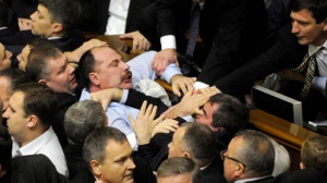 Kiev Ukraine Parliament elects speaker brawl fight