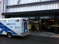 A SUV goes through the window of a bank at Bayview Village. (CP24/Tom Podolec)