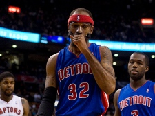 Detroit Pistons' Richard Hamilton reacts during first half NBA basketball action against Toronto Raptors in Toronto Wednesday December 22, 2010. (THE CANADIAN PRESS/Chris Young)
