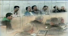 A court sketch of the seven men charged with murder and manslaughter in the death of 15-year-old Jane Creba.