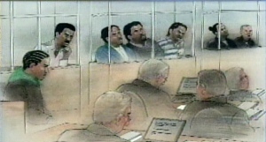 A court sketch of the seven men charged with murder and manslaughter in the death of 15-year-old Jane Creba.