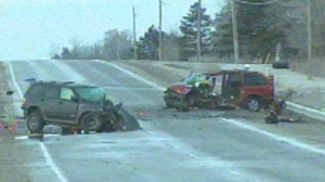 Two vehicles involved in a head-on crash on Highway 9 near Schomberg early Sunday morning are shown. 
