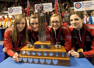 Ontario skip Rachel Homan, left. third Emma Miskew, second Alison Kreviazuk and lead Lisa Weagle pose with the trophy after winning the Scotties Tournament of Hearts in Kingston, Ont., on Sunday, Feb. 24, 2013. (The Canadian Press/Ryan Remiorz)