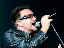 Lead singer Bono of Irish band U2 performs during their 360 Degree Tour at Athen's Olympic stadium, Greece, on Friday, Sept. 3, 2010. (AP)