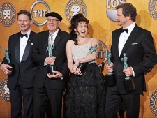 From left, Anthony Andrews, Geoffrey Rush, Helena Bonham Carter and Colin Firth hold best ensemble awards for " The King's Speech" at the 17th Annual Screen Actors Guild Awards on Sunday, Jan. 30, 2011 in Los Angeles. Firth also won best actor. (AP Photo/Vince Bucci)