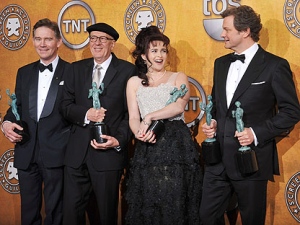 From left, Anthony Andrews, Geoffrey Rush, Helena Bonham Carter and Colin Firth hold best ensemble awards for " The King's Speech" at the 17th Annual Screen Actors Guild Awards on Sunday, Jan. 30, 2011 in Los Angeles. Firth also won best actor. (AP Photo/Vince Bucci)