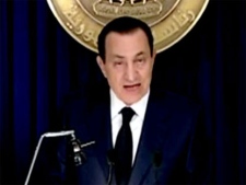 Egyptian President Hosni Mubarak announces he will be stepping down as president before the next election, Tuesday, Feb. 1, 2011.