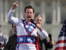 Comedian Stephen Colbert shouts to the crowd during the Rally to Restore Sanity and/or Fear on the National Mall in Washington on Saturday, Oct. 30, 2010. (AP/Carolyn Kaster)