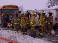 Dozens of firefighters and nine ambulances were needed to transport the people injured in a Berthierville, Qc. bus crash (Feb. 9, 2011)