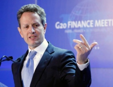 U.S. Treasury Secretary Timothy Geithner answers questions during the press conference ending the G20 Finance summit at Bercy Finance Ministry in Paris, Saturday, Feb. 19, 2011. 