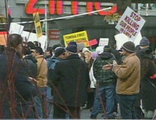 More than 100 people showed up at a pro-democracy rally in Toronto on Sunday, Feb. 20, 2011 in support of protests in Libya. 