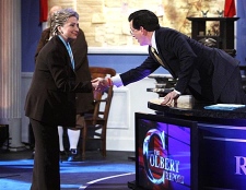 U.S. Democratic presidential hopeful Sen. Hillary Rodham Clinton, D-N.Y., greets Stephen Colbert as she makes an appearance at a taping of Comedy Central's "The Colbert Report", in Philadelphia on Thursday, April 17, 2008. (AP Photo/Charles Dharapak)