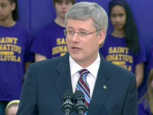 Prime Minister Stephen Harper speaks from Guelph on Canada's reaction to the devastation in Japan on March 11, 2011.
