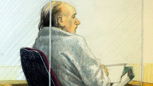 An artist's sketch shows accused serial killer Robert Pickton sitting in the prisoner's as he listens to closing arguments at B.C. Supreme Court in New Westminster, B.C. Monday November 19, 2007. (Jane Wolsak / THE CANADIAN PRESS)