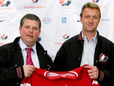 Team Canada's newly announced management staff for the upcoming 2011 IIHF World Championship, general manager Dave Nonis, left, and Rob Blake pose following a press conference in Toronto on Thursday, March 17, 2011. (THE CANADIAN PRESS/Darren Calabrese)