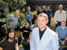 English actor Martin Freeman, centre, who will play Bilbo Baggins, poses with other cast members from the movie "The Hobbit" in Wellington, New Zealand, on Friday, Feb. 11, 2011. Hollywood studio funding problems, a threatened actors' boycott and ulcer surgery for director Peter Jackson have plagued pre-production on the two-movie project. (AP Photo/NZPA, Ross Setford)