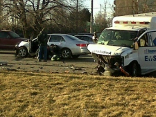 An ambulance and a car collided on Eglinton Avenue near Royal York Road on Tuesday, March 29, 2011. (MyBreakingNews/Skyy Passero)