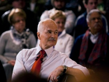 NDP Leader Jack Layton takes questions at a town hall meeting during a campaign stop in Sudbury, Ont., on Friday, April 1, 2011. The federal election will be held on May 2. (THE CANADIAN PRESS/Andrew Vaughan)