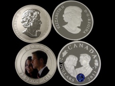 The Royal Canadian Mint is unveiling its latest collector coins commemorating the April 29, 2011, wedding of Prince William and Kate Middleton. There are two coins commemorating the royal nuptuals - a $20 silver coin and a 25-cent piece. The nickel-plated 25-cent piece - which will cost $25.95 - has a coloured photo reproduction of the royal couple based on a photograph taken at the 2008 wedding of a friend in Austria. The $20 silver coin is limited to 25,000 worldwide and will retail for $104.95. (THE CANADIAN PRESS/Fred Chartrand)
