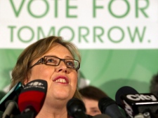 Green Party Leader Elizabeth May unveils the Green Party election platform during a campaign stop in Toronto on Thursday, April 7, 2011. (THE CANADIAN PRESS/Frank Gunn)