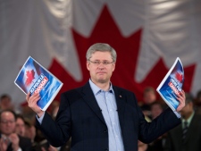 Prime Minister Stephen Harper unveils the Conservative party platform during a campaign event in Mississauga Ont., on Friday, April 8, 2011. (THE CANADIAN PRESS/Sean Kilpatrick)