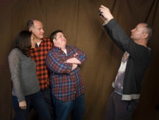 From left, Jennifer Elia, directors, Randy Barbato and Fenton Bailey, and Chaz Bono from the documentary "Becoming Chaz" pose for a portrait in the Fender Music Lodge during the 2011 Sundance Film Festival on Sunday, Jan. 23, 2011 in Park City, Utah. (AP Photo/Victoria Will)