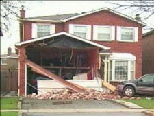 This screen grab shows significant damage to a house on Vodden Street in Brampton after it was struck by a vehicle Thursday, April 28, 2011.