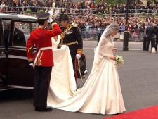 In this image taken from video, Kate Middleton arrives at Westminster Abbey for the Royal Wedding in London on Friday, April, 29, 2011. (AP Photo/APTN)