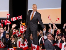 New Democratic Party leader Jack Layton arrives to his parties election event in Toronto, Ont., on Monday, February 16, 2009. (THE CANADIAN PRESS/Darren Calabrese)