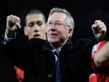 Manchester United manager Alex Ferguson reacts after beating Schalke 04 in their Champions League semi final second leg soccer match at Old Trafford, Manchester, England, Wednesday May 4, 2011. (AP Photo/Jon Super)