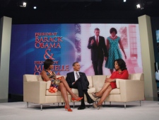 President Barack Obama and first lady Michelle Obama are pictured with Oprah Winfrey during a taping of "The Oprah Winfrey Show" at Harpo Studios in Chicago, Wednesday, April 27, 2011. (AP Photo/Charles Dharapak)