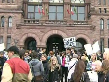 A group of organizers organized a "Slut Walk" to protest comments made to York University students by a Toronto police officer. The officer said women could feel safer on campus if they didn't dress like "sluts". April 3, 2011.  