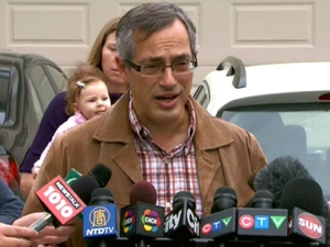 Industry Minister Tony Clement comments on gas prices during a press conference in Toronto, Thursday, May 12, 2011.  
