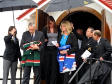 Derek Boogaard's father Len (left, holding Minnesota jersey), sister Krysten, centre, and mother Joanne (holding New York jersey), leave Derek Boogaard's funeral at the RCMP Depot Chapel in Regina, Sask., Saturday, May 21, 2011. The 28-year-old was found dead on May 13th after he ingested a toxic mix of alcohol and the powerful pain killer oxycodone. Boogard played with the NHL's Minnesota Wild and New York Rangers. THE CANADIAN PRESS/Mark Taylor