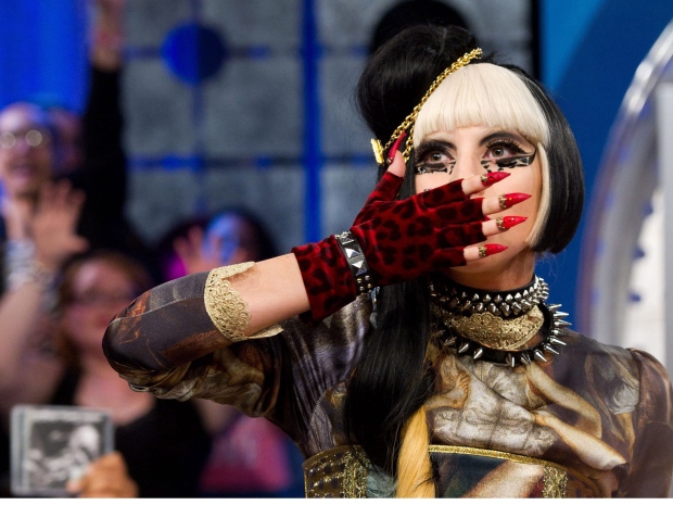 Lady Gaga tapes an episode of "106 and Park" at BET Studios in New York, Monday, May 23, 2011. (AP Photo/Charles Sykes)