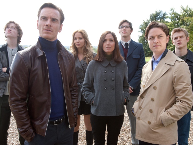 In this film publicity image released by 20th Century Fox, from left, Caleb Landry Jones, Michael Fassbender, Jennifer Lawrence, Rose Byrne, Nicholas Hoult, James McAvoy and Lucas Till are shown in a scene from "X-Men: First Class." (AP Photo/20th Century Fox, Murray Close)