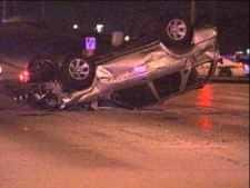 This screen grab shows an overturned sport utility vehicle at the scene of a multi-vehicle crash at Torbram Road and Steeles Avenue in Brampton on Monday, June 6, 2011.