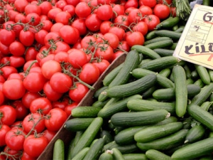 Tomatoes and cucumbers from Holland are displayed for sale at a market in Berlin, Germany, Friday, June 3, 2011. (AP / Michael Sohn)