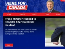 A headline on the Conservative Party's website claiming Prime Minister Stephen Harper was rushed to hospital is believed to be the work of hackers. The fake news release was posted Tuesday, June 7, 2011.