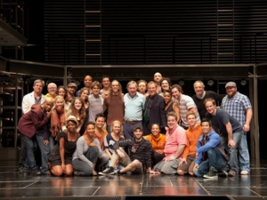 Andrew Lloyd Webber with the cast of Jesus Christ Superstar on the stage of the Stratford Shakespeare Festival's Avon Theatre, after Lloyd Webber attended a performance Saturday, June 11, 2011. (THE CANADIAN PRESS/ho-Terry Manzo)