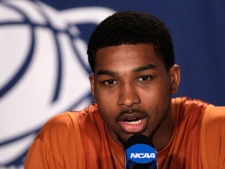 Tristan Thompson talks to the media during a new conference. (AP Photo/Charlie Riedel)  