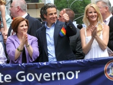 City Council Speaker Christine Quinn, Governor Andrew Cuomo and Cuomo's girlfriend Sandra Lee, left to right, walk in the annual Heritage of Pride March, one of the world's oldest and largest gay pride parades, Sunday June 26, 2011, in New York. The parade became a victory celebration after New York's historic decision to legalize same-sex marriage on Friday. (AP Photo/Diane Bondareff)