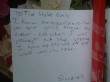 A 10-year-old boy left this letter at 1 District station for the family of fallen York Regional Police Const. Garrett Styles, who died in the line of duty Tuesday, June 28, 2011. (CP24/Cam Woolley)